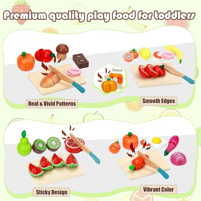 Play Kitchen Accessories, Wooden Play Food, Pretend Kitchen Cutting Fruit Vegetables Toys for Toddlers 3+ Years with Basket, Educational Toddler Toys for Fine Motor Skills, Gift for Boys Girls