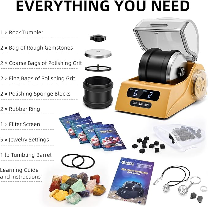 Rock Tumbler Kit Adults - Rock Polisher Tumbler with Noise Reduction Cover, Speed&Timer Control, Includes 4 Polishing Grits, Rough Gemstones, Learning Guide etc. (Yellow)