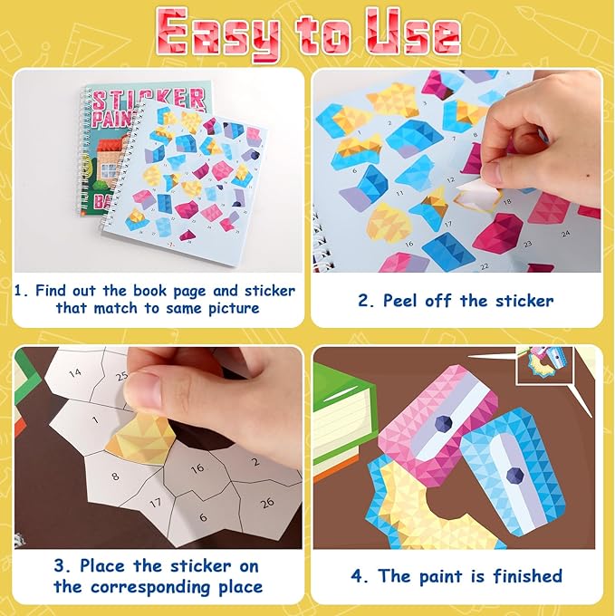 6Pcs Back to School Paint by Sticker Books Back to School Sticker by Number Books Activity Book Puzzle Book Craft Art Gift with School Bus Apple Owl Alarm 48 Pictures Party Favors