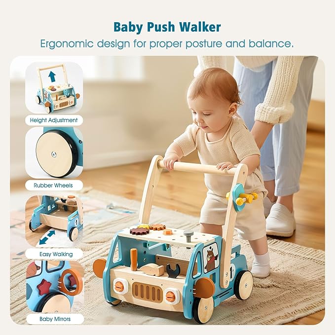 Wooden Baby Walker Adjustable Height with Tool Bench and Toy Storage Wagon - Multifunctional Toddler Push Walker Ergonomically Designed for Natural Walking - 3+ Years of Continuous Use