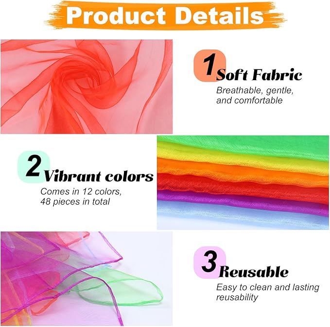 24 Or 48 Pcs Juggling Scarves for Kids Play, 12 Colors Play Silks for Kids, Silk Square Play Scarves for Toddlers