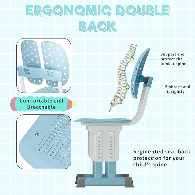 2025 NEW Kid's Study Desk and Chair Set, Ergonomic Height Adjustable Children Study Desk with Tilt Desktop, Book Stand, Light, Metal Hook and Storage Drawer,Gift for Boys Girls (Blue 70cm no lean)