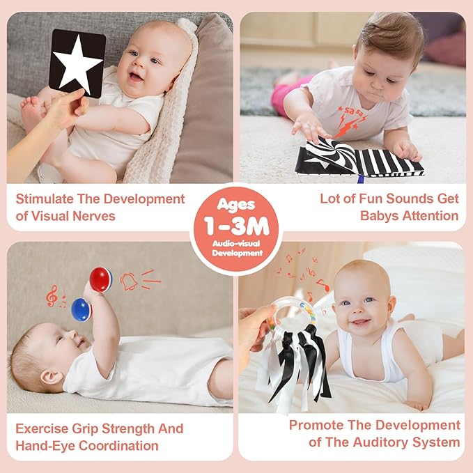 Baby Toys for 0-6 Months, High Contrast Black and White Sensory Toys for Newborn 0-6 M, Rattle Teether Tummy Time Audio Visual Stimulation Learning Activity for 0-12 Months, Baby Boy Girl Gifts 10 Pcs