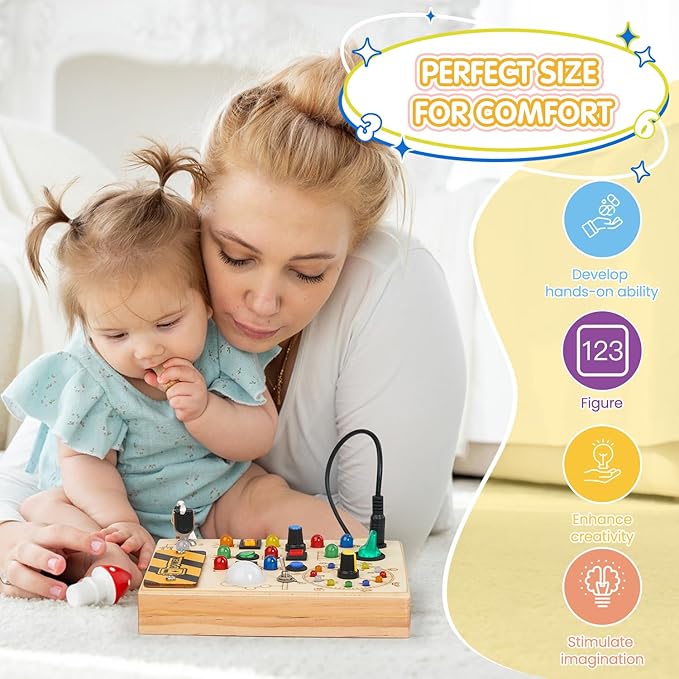 Montessori Busy Board Toys: Wooden Sensory Toy for Toddler with LED Light Up Switch, Educational/Christmas/Birthday Gifts for 1-3 Year Old Boys & Girls