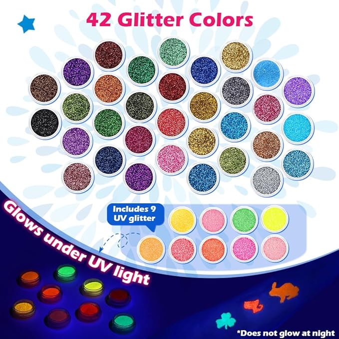 Temporary Glitter Tattoo Kids, Bledras 42 Glitter Colors Glitter Tattoo Kit,210 Unique Stencils,3 Glue,5 Brushes,6 Stickers, Glitter Tattoos for Kids,Adults,Boys Girls Birthday Party Halloween