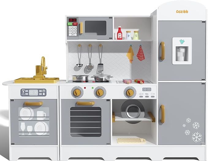 CoziBB Wooden Pretend Play Kitchen Set, Realistic Oven Faucet Microwave Ice Maker BBQ, with Lights & Sounds Features, 21 Accessories, Toys Kitchen for Kids Children Boys Grils, Gift for Ages 3+