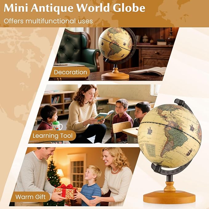 COSTWAY Antique Globe Dia 5.5-Inch, Mini Rotating World Globe w/Wooden Base, Modern Map & Vintage Color, For Kids & Adults' Geography Educational Learning, Desktop Decoration for Home Office School