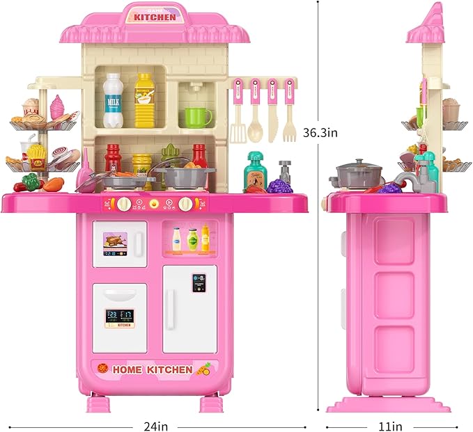Kitchen Playset for Ages 3-6 4-8, Play Kitchen with Light and Sound, Sink Toy, Pretend Food Toys for Toddlers 3-5 Boys Girls 6-12 (Pink)