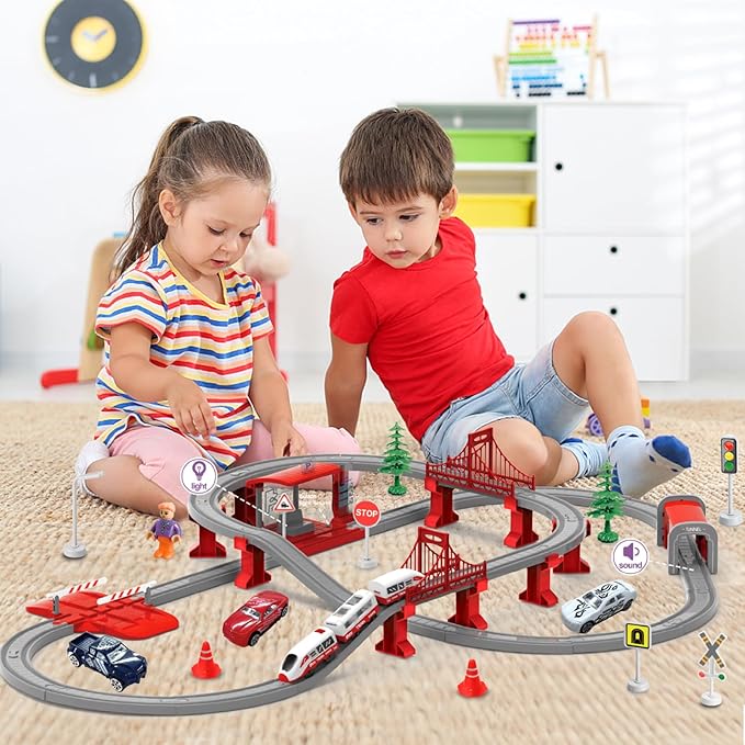 Train Sets for Toddlers, 104 Pcs Trains Toy with Battery Operated & Tracks (Magnetic Connection), Compatible with Thomas, Brio, Christmas Toy Gifts for 3 4 5 6 7 8 Years Old (Red 104PCS)