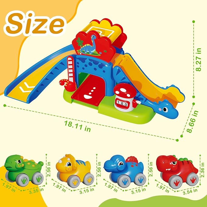 Baby Toys for 1 Year Old Boys & Girls Gift – Dino Slide Set with 4 Color & Number Push Cars – Dinosaur Toy for Toddlers, Montessori Learning Toys for 12-18 Months – 1st Birthday Gifts for Kids