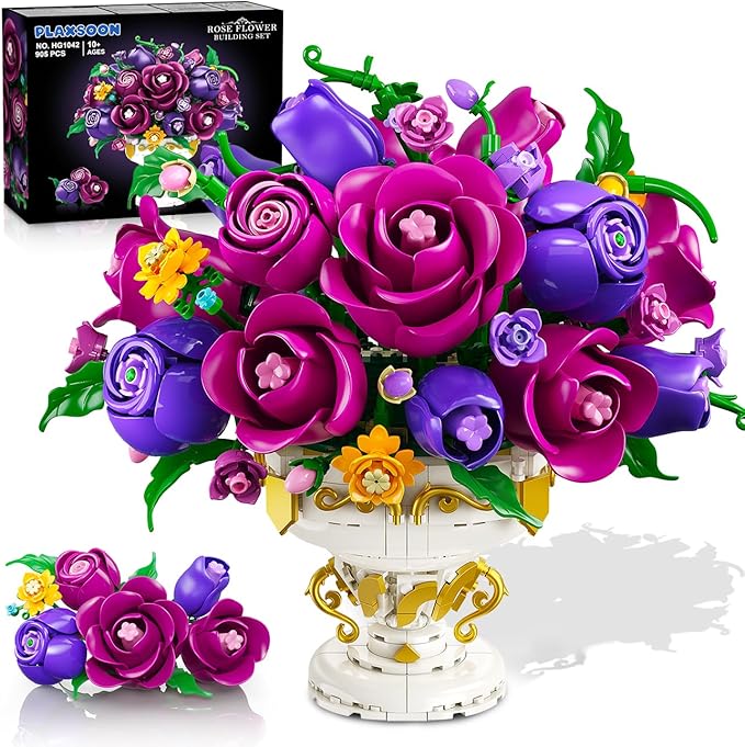 Purple Rose Flower Building Set with Vase, 969 PCS Botanicals Flowers Bouquet Building Block Kit, 18 Rose Bonsai Plant Collection Home Decor, Birthday Gift for Adults Women Boys Girls 12+