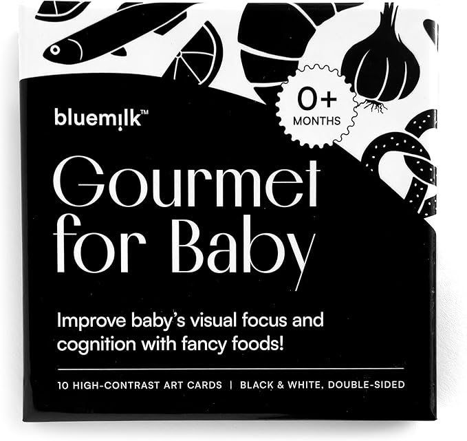 Gourmet for Baby High Contrast Sensory Learning Toy 10 Black & White Flash Cards of Food Shapes. Tummy Time Pillow Games Curious Baby Toys Activity Infant & Newborn Essentials 0+ Months