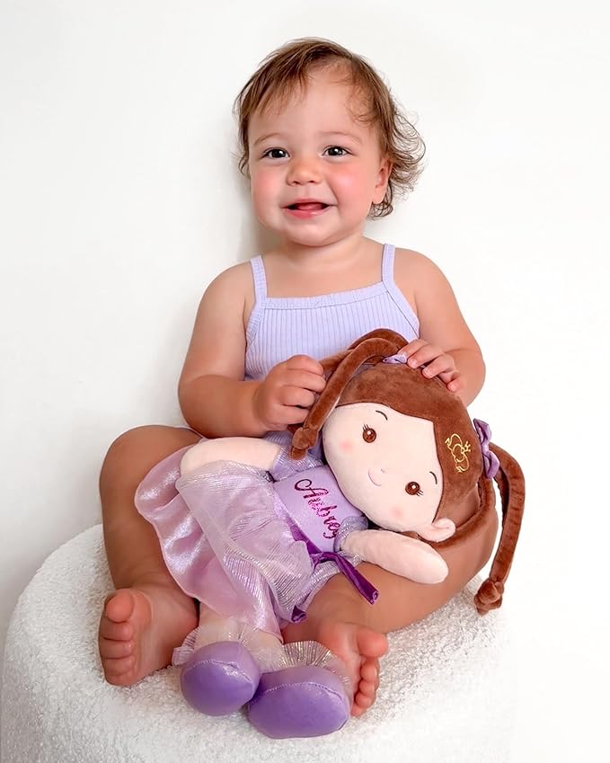 Personalized Soft Baby Doll Toys for Girls (16''), My First Birthday Gift, Christmas Dolls, Leya Doll Baby Rag Doll Plush Toys for Toddler Kids Infants -Princess Coral - Violet