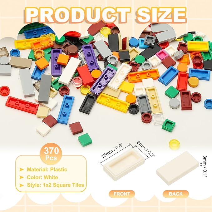 PATIKIL 370 Pcs Flat Blocks Bulk, 1x2 Square White Classic Tiles Smooth Surface Mini Building Blocks Accessories Compatible Bricks Kits for Building Floor Walls Mosaic Pixel Arts