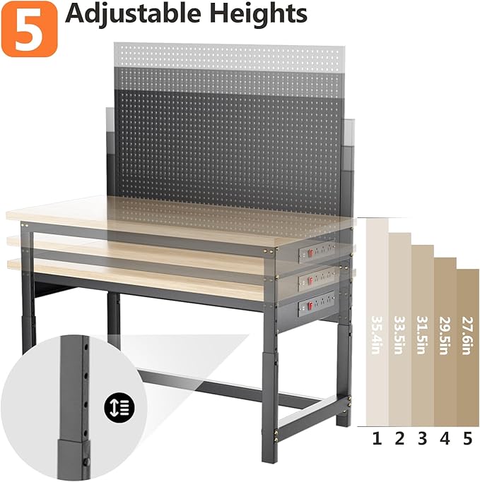 Workbench with Pegboard, Adjustable Height Work Bench Heavy Duty Work Station Table with Power Outlets Work Benches for Garage, Workshop, Home, Office(47.2 inch Wide)