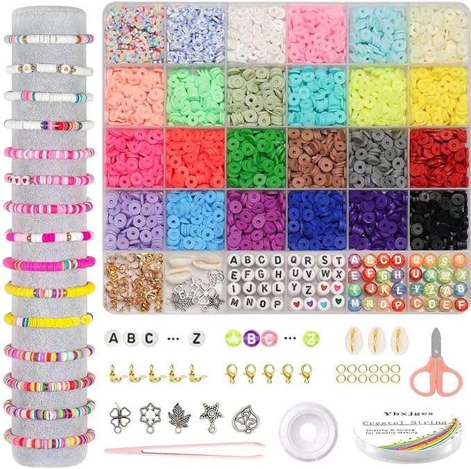 Ybxjges Clay Beads Bracelet Making Kit, 3800Pcs Polymer Flat Beads for Jewelry Making Heishi Beads for Friendship Bracelet Kit with Charm Kit for DIY Crafts Gifts for Girls Age 6-12