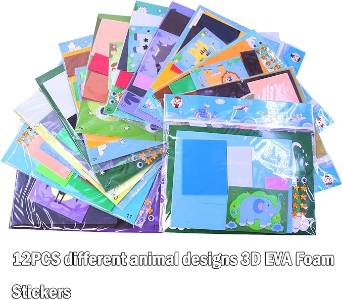 3D EVA Foam Stickers for Toddlers 12PCS Sticky Foam DIY Craft Preschool Art Class Drawing Sticker Puzzle Art Kit for Kids Boys Girls (Land Animals)