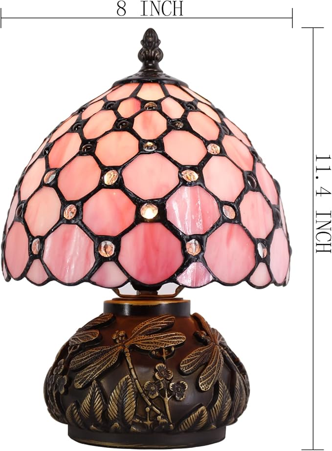 WERFACTORY Small Tiffany Lamp Desk Pink Stained Glass Pearl Bead Mushroom Table Lamp Bronze Mini Accent Lamp W8H11 Inch S005P Series