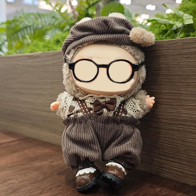 17cm Doll Clothes Set, Cute Boy Outfits and Glasses, 6 PCS Cute Hat & Overalls Set Stylish Outfits Exquisite Accessories