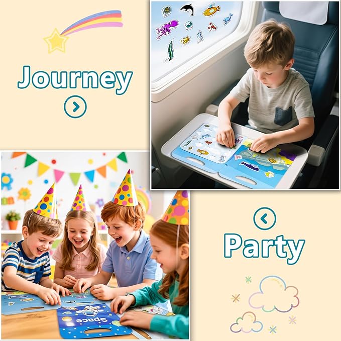 3 Pack Reusable Sticker Books for Kids, Waterproof Puffy Stickers - Match The Shape and DIY Scene, Toddler Travel Essential Quiet Time Activities Toys - Ocean, Vehicles and Space (2-6 Age)