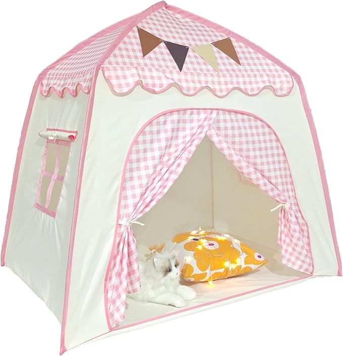 Toddler Bed Tent, Kids Play Tent with Flags, Star String, Portable Bed Canopy for Boys & Girls, Children, Indoor Outdoor Dome Playhouse, Pink Plaid, 51" x 39" x 51"