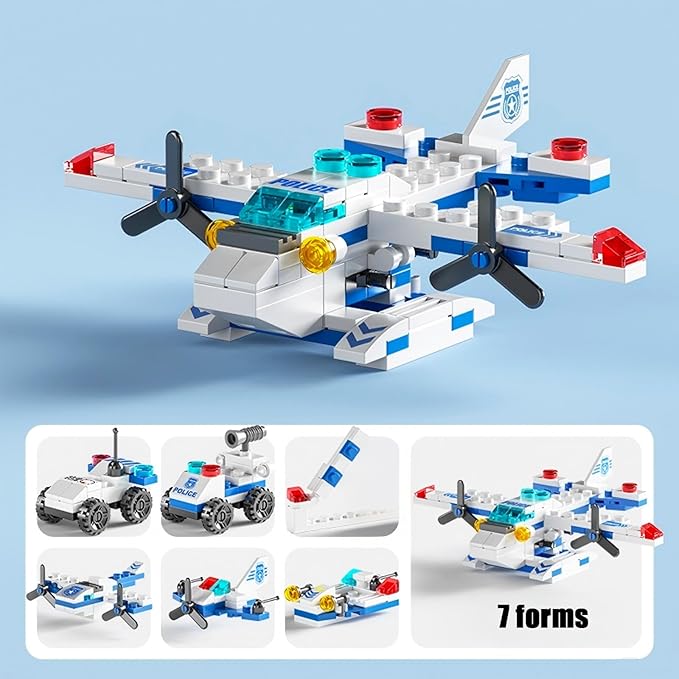 Sky Police Airplane Building Blocks Toy – 137 PCS STEM Construction Set, 7-in-1 Transformable Model Kit for Kids Ages 6-12, Creative Aircraft Toys for Boys & Girls (Police, Rescue, Fighter Jet)