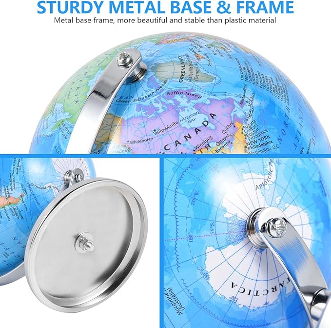 6 Inch World Globe Rotating Earth Spinning Globe with Heavy Metal Stand for Kids Geography Classroom Education or Office Home Decorations