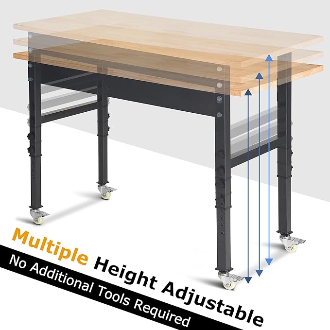 48" Adjustable Work Bench, Rubber Wood Top Workbench Heavy-Duty Work Table with Wheels, 2000 LBS Load Capacity Hardwood Work Benches for Garage, Workshop, Home, Office, Easy Assembly