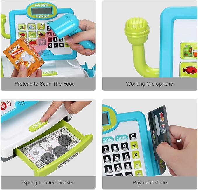 FS Pretend Play Calculator Cash Register Toy as Preschool Gift for Kids, Classic Count Toy with Sound, Microphone, Scanner, Pretend Credit Card, Play Food for Boys & Girls,45 Pieces, Ages 3 4 5 6 7
