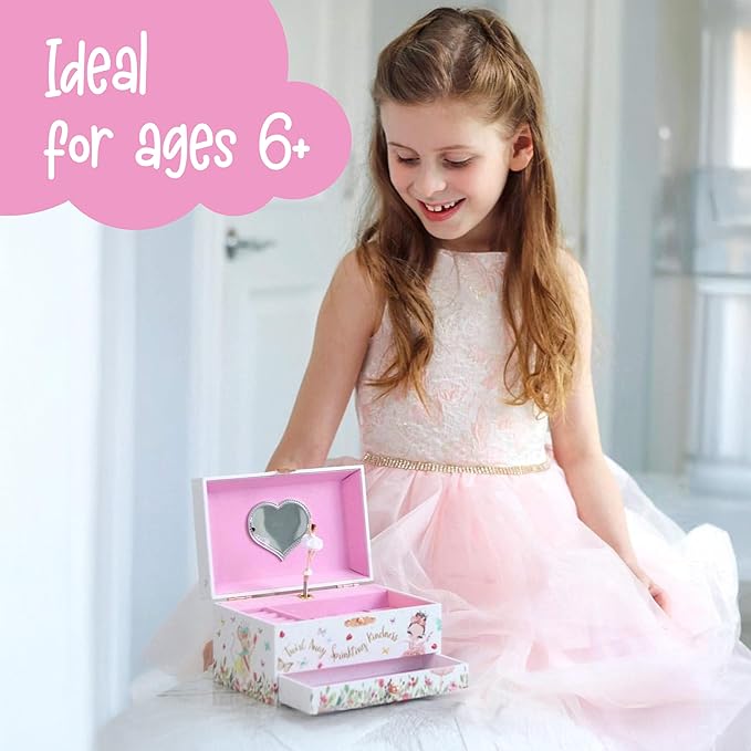 The Memory Building Company Ballerina Musical Jewelry Box, Classic Melody, Storage Organizer Kids Ages 6-12, Wood Construction w/ 2 Compartments