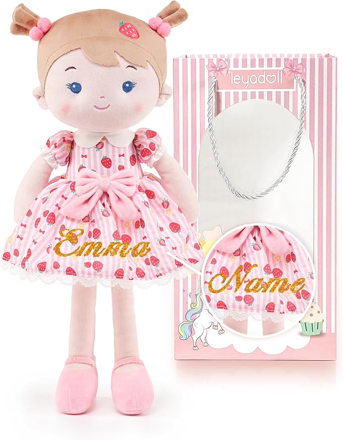 LeyaDoll Personalized Soft Baby Doll Toys for Girls (16''), My First Christmas Dolls, Leya Doll Baby Rag Doll Plush Toys for Toddler Kids Infants -Strawberry Girl