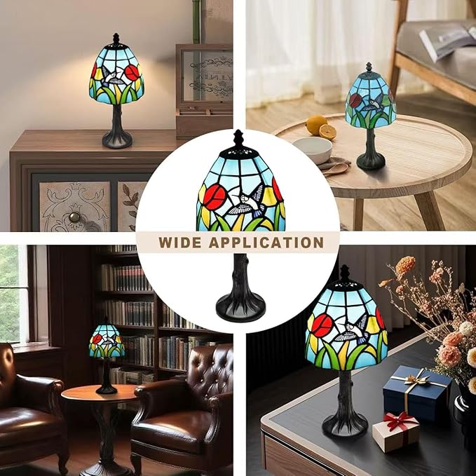 Tiffany Style mini Table Lamp-Stained Glass Hummingbird with Tulip Design Table or Desk Light LED Bulb Included-Vintage Look Colorful Accent Decor