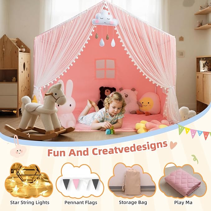 Large Kids Play Tent, 55.1in Length, Fits 3-4 Children,Indoor Playhouse for Kids, with Padded Mat and Lights, Bed Tent for Toddler, Birthday for Boys Girls
