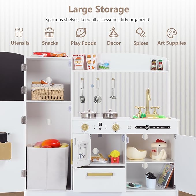 Kinder King Wooden Kids Play Kitchen, Toy Kitchen Playset for Toddler, Play Kitchen Set w/Blackboard, Transparent Coloring Board, Pretend Dishwasher, Oven, Ice Maker, Gift for Boys Girls Age 3+, White