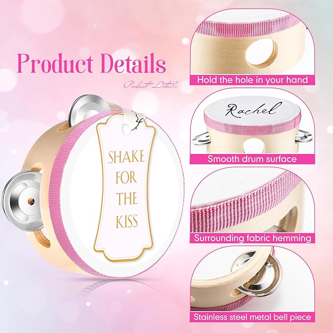 24 Set 4 Inch Tambourine for Adults Wooden Hand Held Drum with Metal Jingles, Gift Tags, White I Love You Printed Ribbon Percussion Gift Musical Instrument for Church Wedding Party(Colorful)