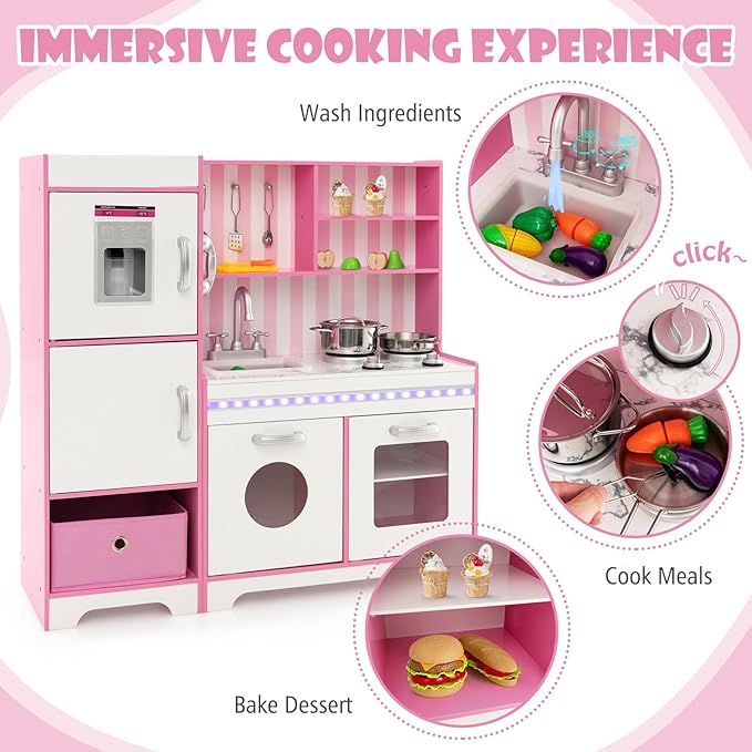 HONEY JOY Kids Kitchen Playset with Lights, Wooden Little Chef Toy Kitchen Set with Storage Bin, Ice Maker & Oven & Stove, Cooking Utensils, Play Kitchen for Toddlers, Gift for Boys Girls, Pink