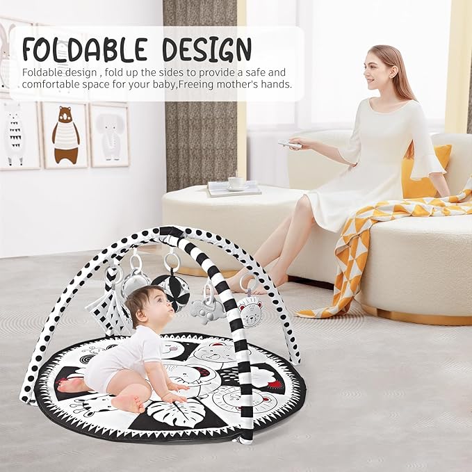 Black and White Tummy Time Mat, Play Mat for Babies 0-6 Months High Contrast Baby Play Activity Gym Baby Tummy Time Play Mat with 5 Toys for Early Sensory Exploration Newborn Infant Baby Playmat