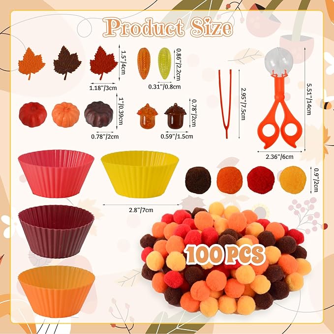 212Pcs Fall Sensory Bin Filler Fine Motor Toys Thanksgiving Sensory Bin Items Counting Sorting Toy 100 Pompoms 60 Felt Leaves 16 Acorns 16 Corns 6 Foam Pumkins for Preschool Education Activities
