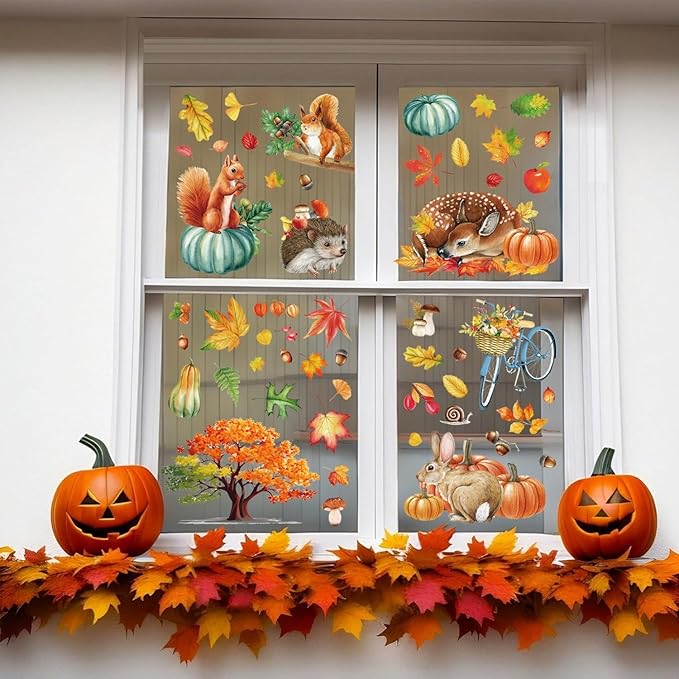 9 Sheets Fall Window Clings Cartoon Rabbit Hedgehog Squirrel Animals Pumpkin Leaves Design Autumn Windows Clings for Glass Thanksgiving Windows Stickers Decor for Home Office Bedroom