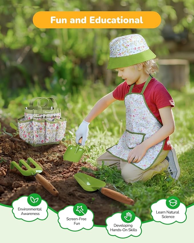Kids Gardening Set Toys, Quality Garden Tool Kit for Kids and Toddlers, Includes Two Shovels, Garden hat,Rake, Apron,Gloves, Watering Can, and Tool Bag (Green)