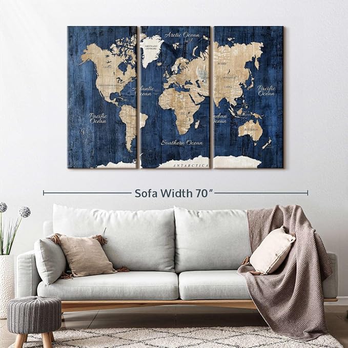 ElephantStock Aged Blue World Map II Canvas - 3 Panel Wall Decor - World Map Digital Art - Blue Wall Art - 57" X 36"