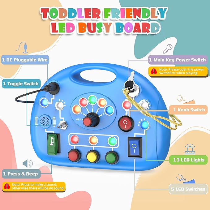 Busy Board with LED Light, Montessori Busy Board for 1+ Year Old, Sensory Toys for Toddlers 1-3, Fidget Board Travel Toys for Kids Preschool Learning Activities Boys Birthday (Blue)