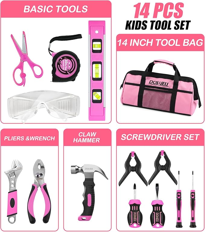 DOWELL 14 Pieces Kids Real Tools Pink Tool Set，Tool Kit with Storage Bag for Boys, Girls, Children DIY Building and Woodworking, Age 8+