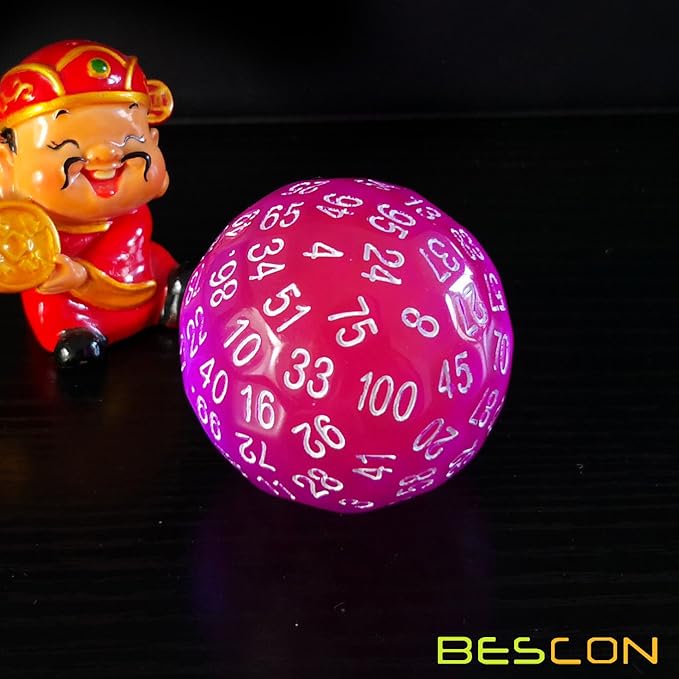 Bescon Translucent Polyhedral Dice 100 Sides, Transparent D100 die, 100 Sided Cube, D100 Game Dice,100-Sided Cube of Purple