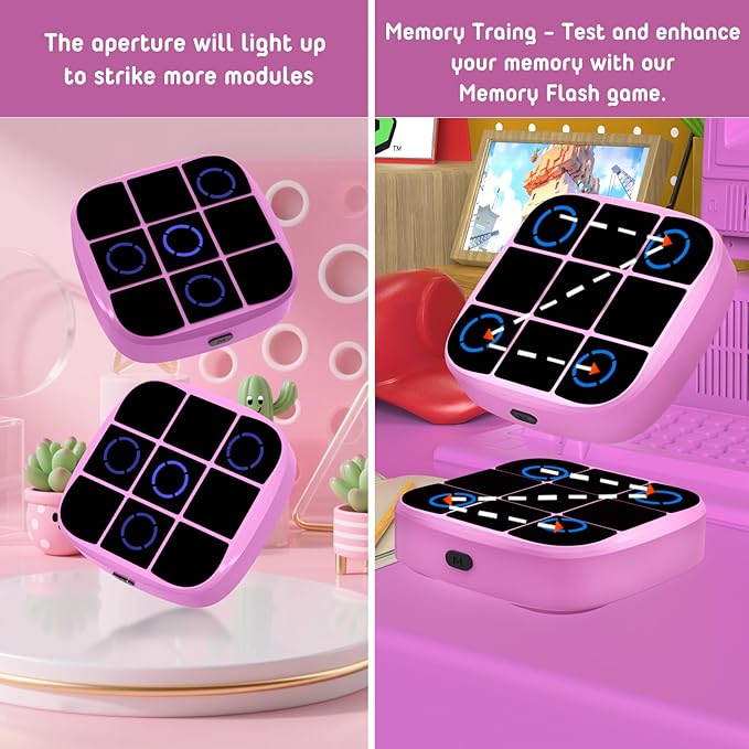 Tic-Tac-Toe Bolt Game, 4-in-1 Handheld Puzzle Games Console, Electronic Tic-Tac-Toe Game for Educational and Memory Growth, Portable Travel Games for Car Ride, Board Games for Kids and Adults (Pink)