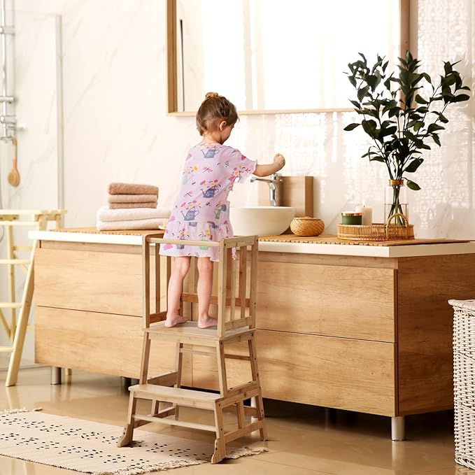 COSYLAND Toddler Standing Tower with Stabilizing Legs - Bamboo Kids Kitchen Step Stool for Learning Cooking - Stable Nursery Standing Stool for Kitchen Island, Bathroom (Natural)
