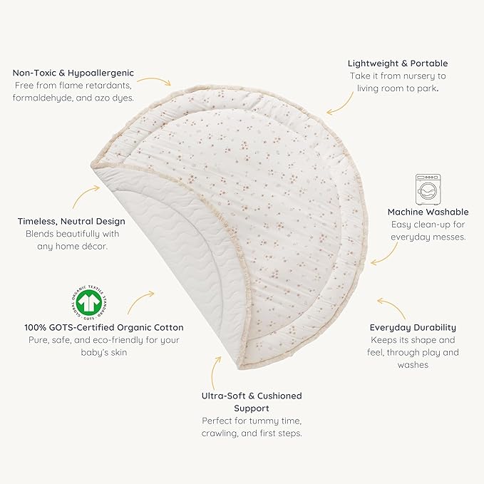 MakeMake Organics Organic Play Mat GOTS Certified Organic Cotton Nursery Floor Rug Washable Reversible Non Toxic Activity Mat Tummy Time Crawling Pad Thick Quilted (Round 48", Bloom + Solid Oat)
