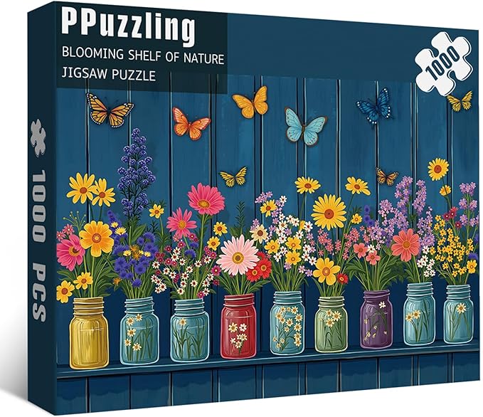 Wildflower Puzzles for Adults 1000 Pieces, Colorful Flower Garden Jigsaw Puzzles, Nature Butterfly Floral Vase Puzzle