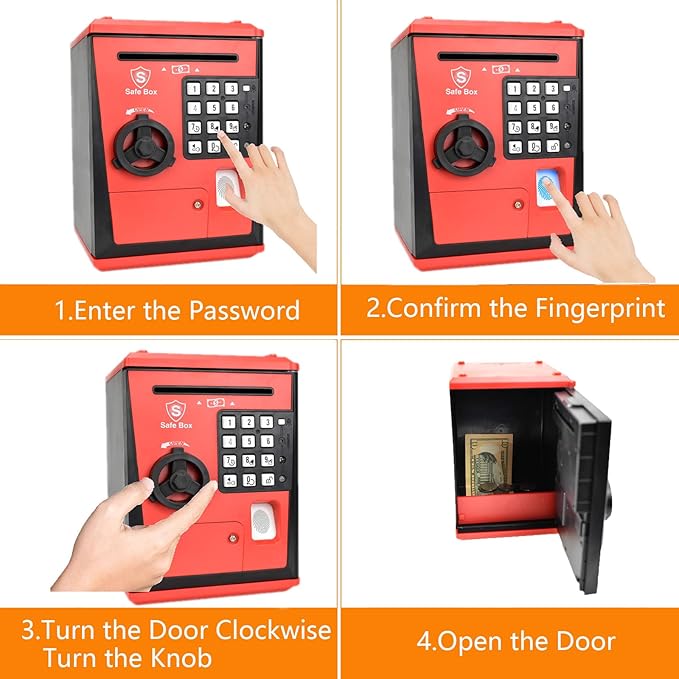 Toy Safe Box, Electronic ATM Piggy Bank, Money Coin Savings Bank, Finger Print Scanner Lock, Great Gift for Children Kids (Red/Black)