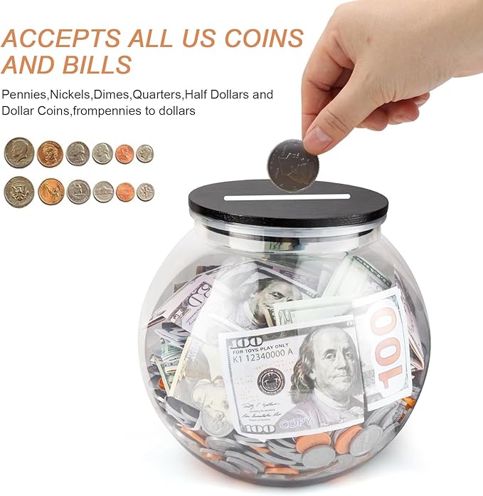 Large Clear Coin Bank Jar with Slotted Lid, 3/4 Gallon Plastic Money Tip Change Savings Coin Jar for Coin or Raffle Ticket, Big Money Coin Tip Piggy Change Bank Box for Adults Teens, Black